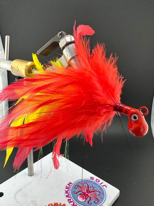 Red and yellow Saltwater Jig by Cobia Kraken Jigs