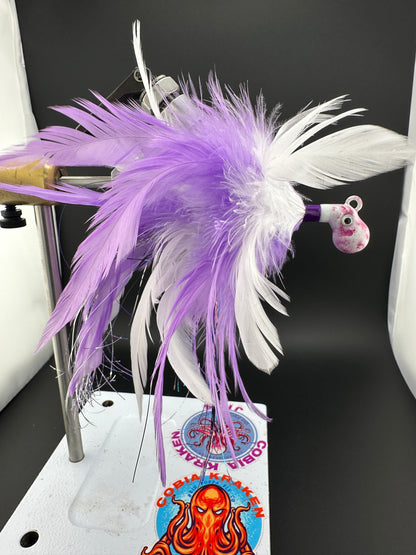 purple and white feather saltwater fishing jig with octopus head for cobia fishing