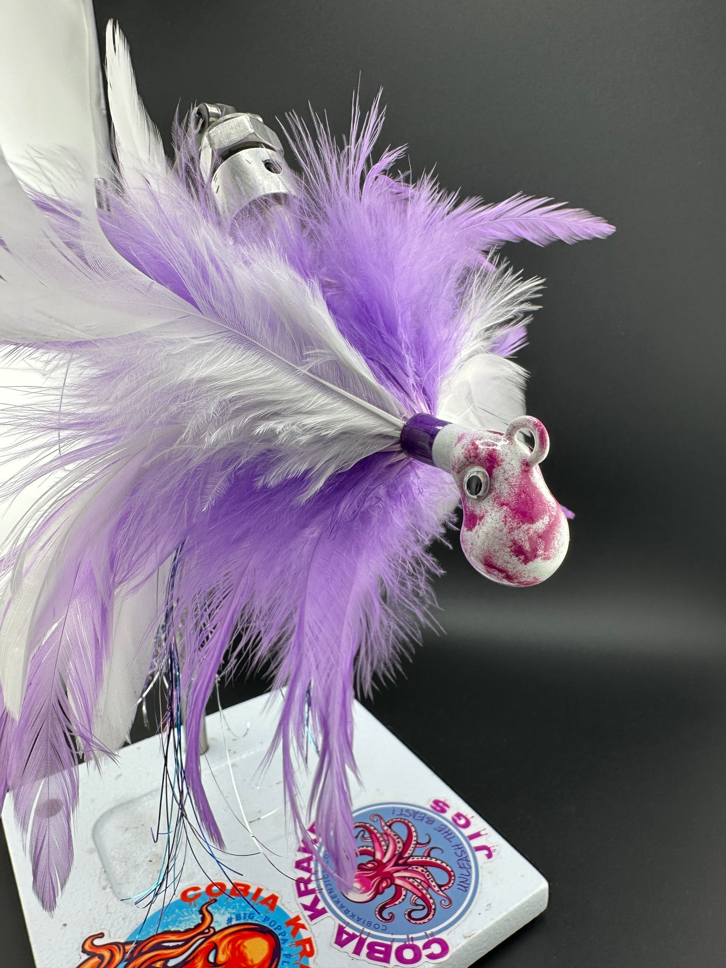 Octopus jig head with lilac and white feathers cobia jig